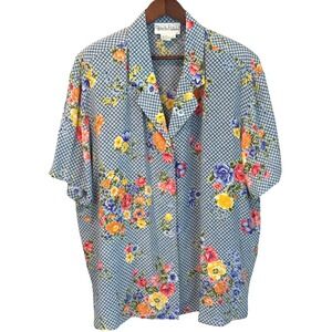 VINTAGE Diane Von Furstenberg 100% Silk Blue Floral Short Sleeve Blouse Size 2X